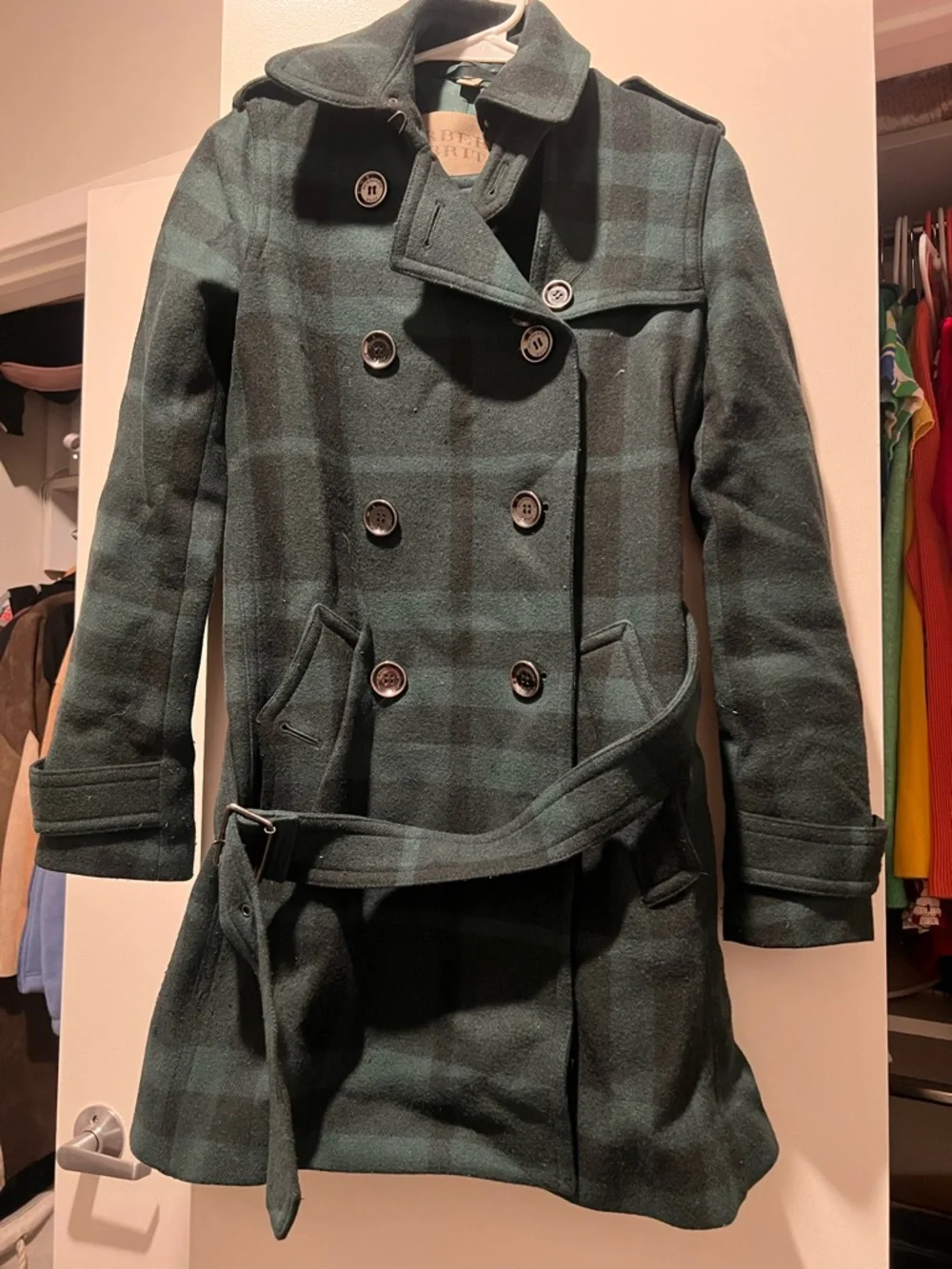 Burberry Dark Green Plaid Double-Breasted Trench Coat - Picture 1 of 3